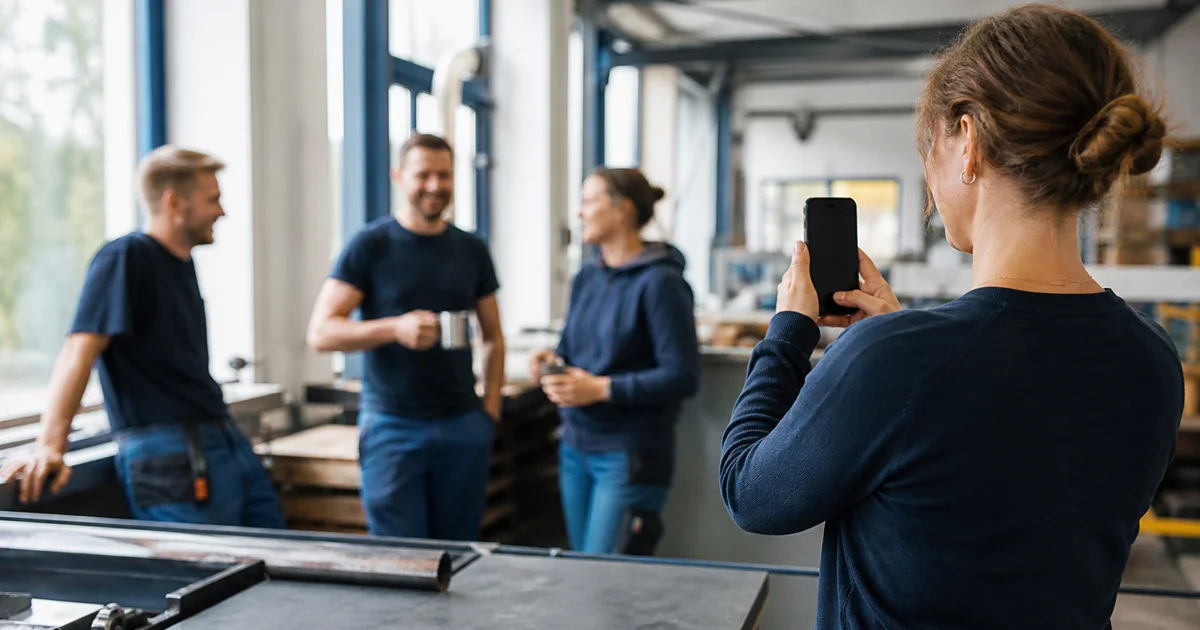 HR-Kollegin hält einen authentischen Team-Moment mit dem Smartphone fest