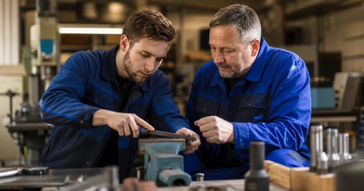 Beschäftigte lernt in der Werkstatt gemeinsam mit einem Ausbilder