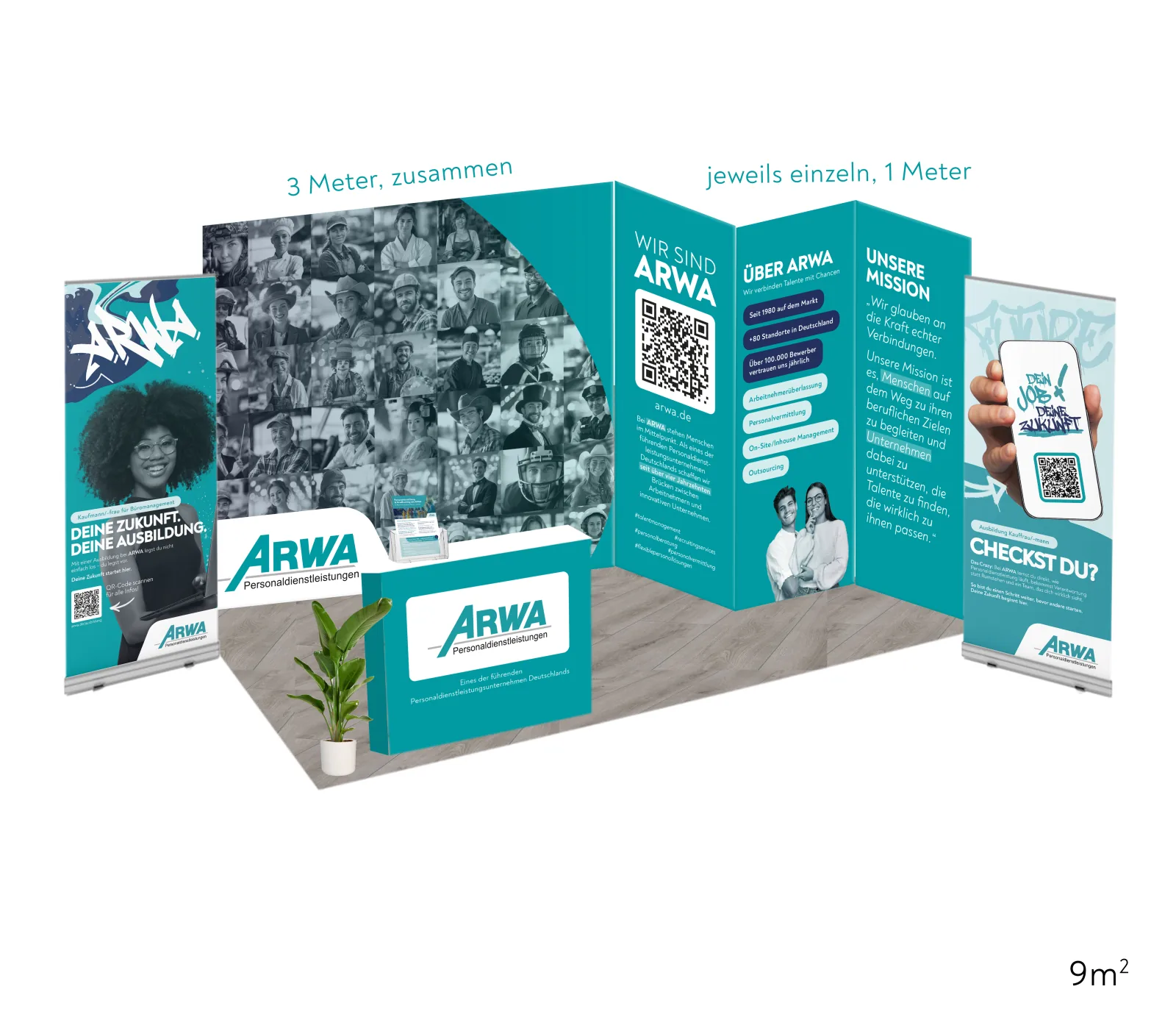 ARWA Messestand, 9 Quadratmeter, mit Rückwand, Theke und Roll-ups