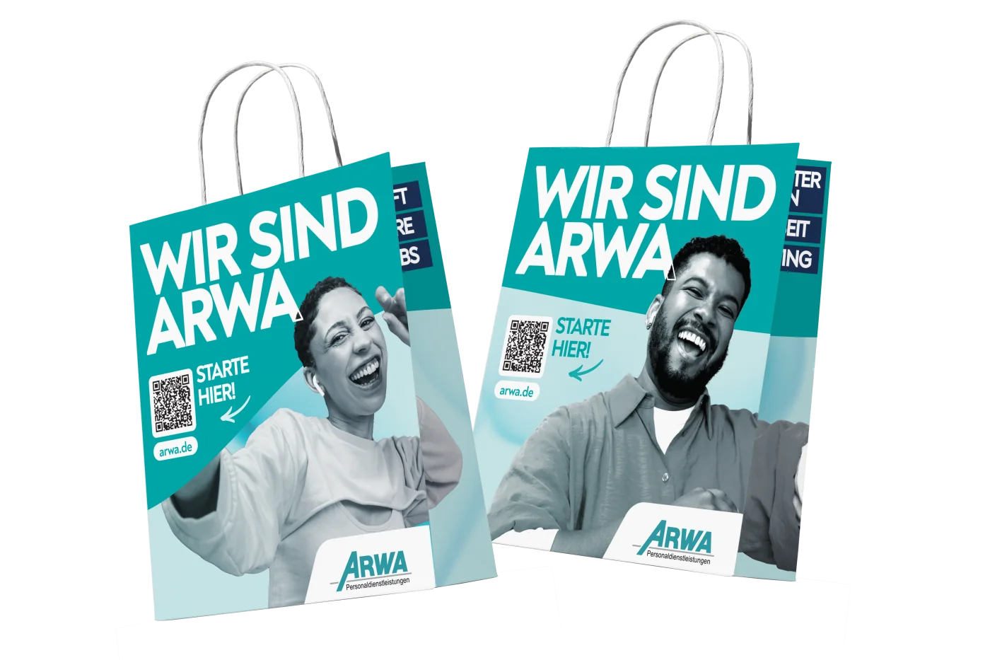 ARWA Papiertüten „Wir sind ARWA“ mit Recruiting-Motiven und QR-Code