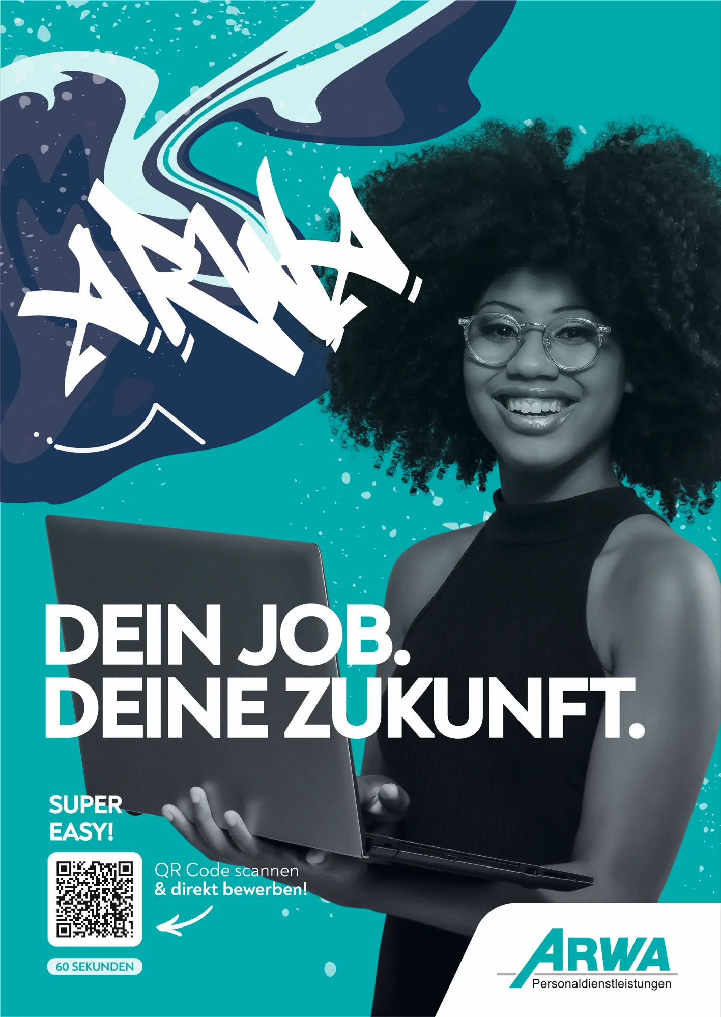 ARWA Kampagnenmotiv „Dein Job. Deine Zukunft.“ mit Bewerberin am Laptop