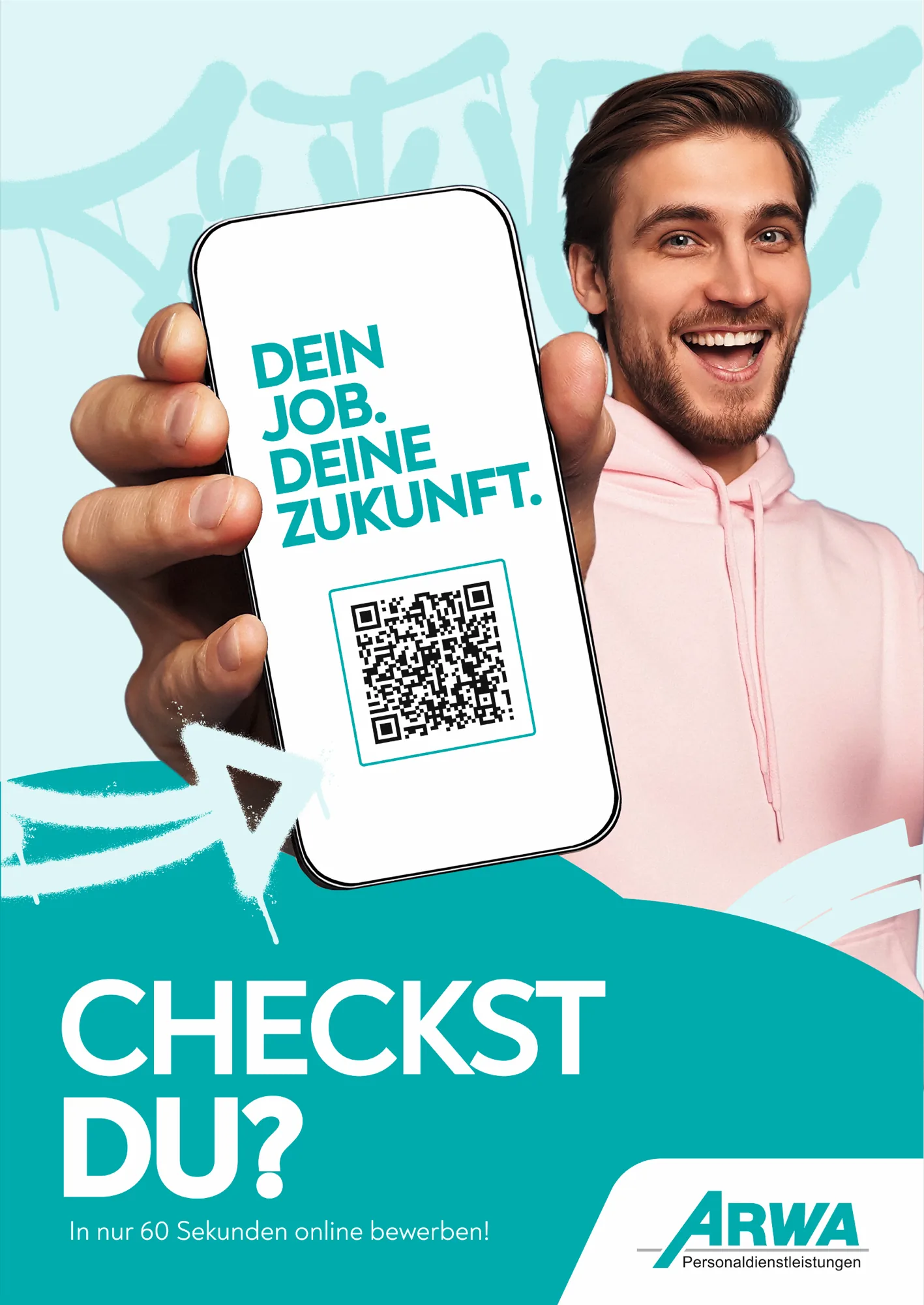 ARWA Kampagnenmotiv „Checkst du?“ mit Smartphone und QR-Code