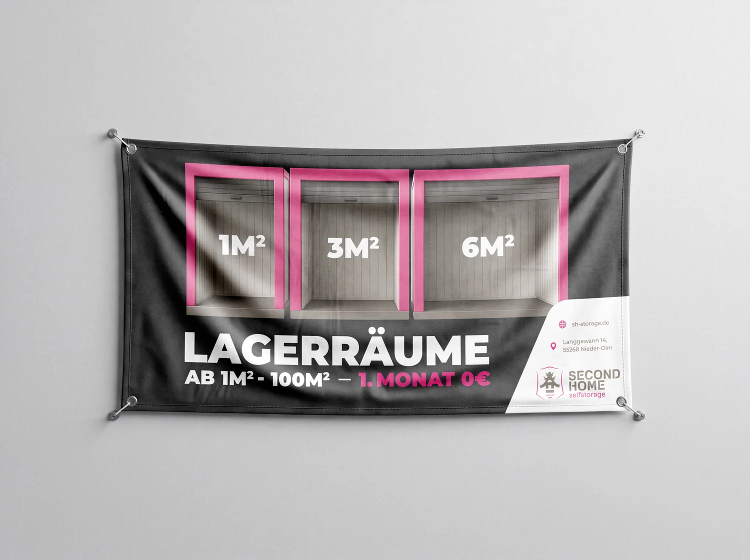 SH Storage Banner „Lagerräume ab 1m²–100m² — 1. Monat 0€“ mit Größenübersicht