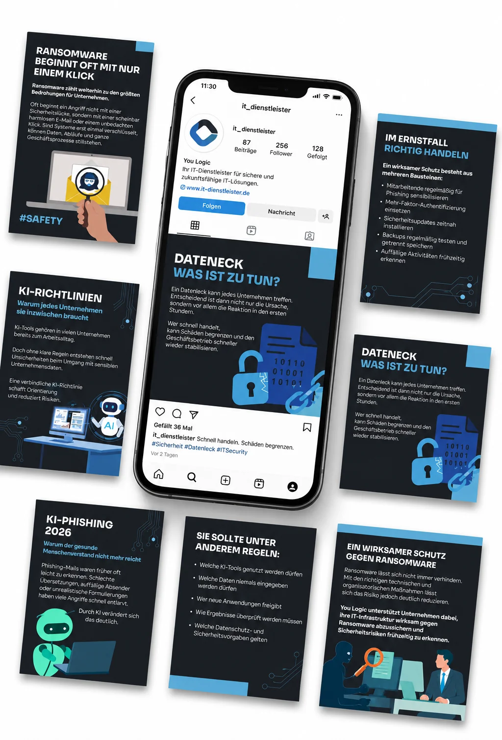 Social-Media-Kampagne der You Logic AG: Instagram-Profil und Content-Karten zu IT-Sicherheit