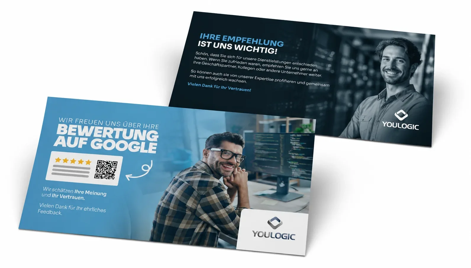 Postkarten-Kampagne der You Logic AG: „Bewertung auf Google“ und „Ihre Empfehlung ist uns wichtig“