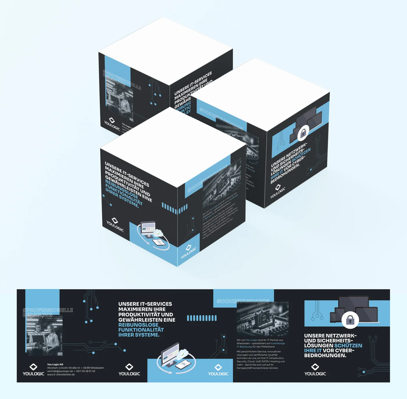 Notizquader-Mockup der You Logic AG, drei Werbewürfel im Marken-Blau