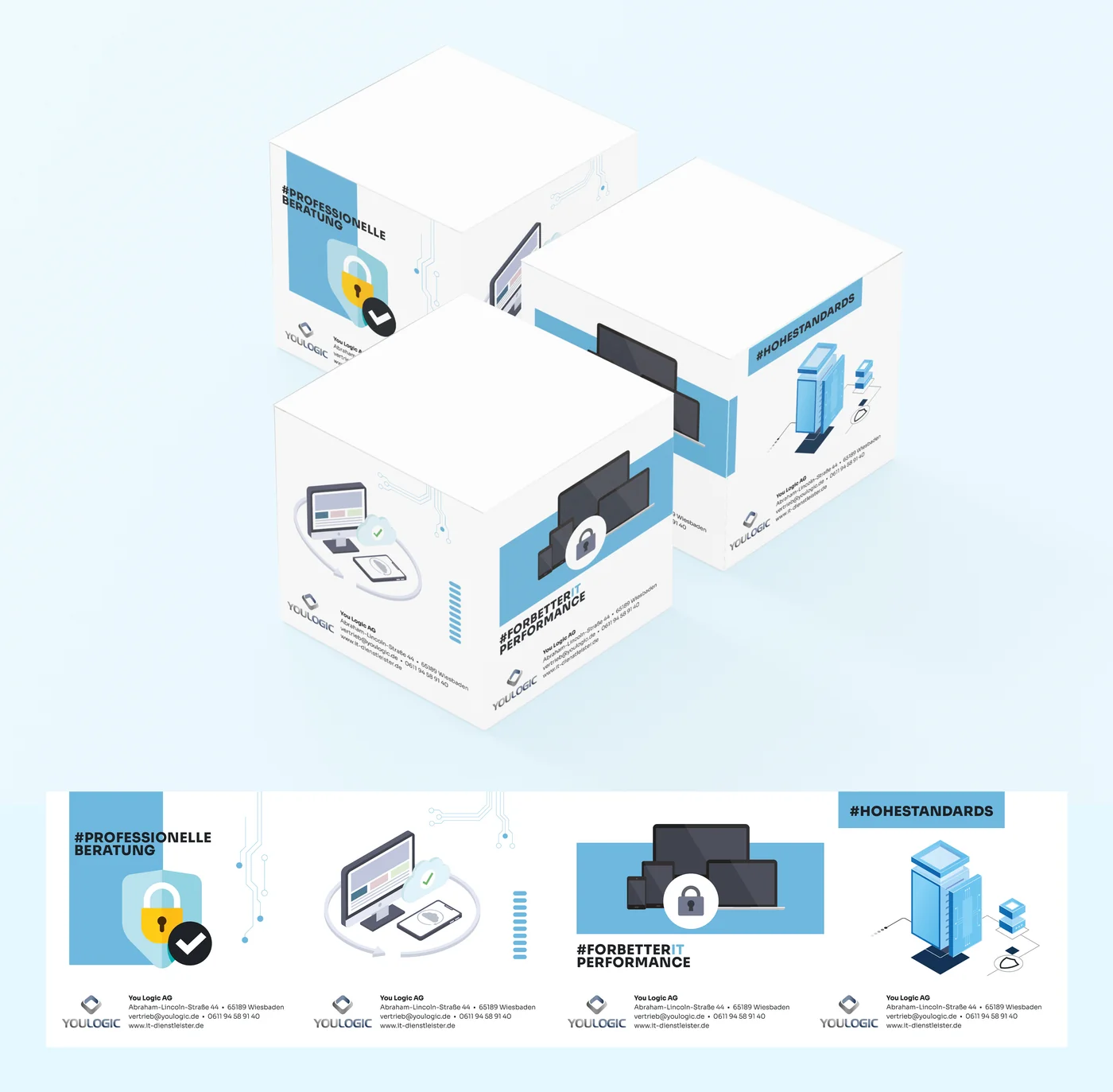 Notizquader-Mockup der You Logic AG, weitere Ansicht der Werbewürfel