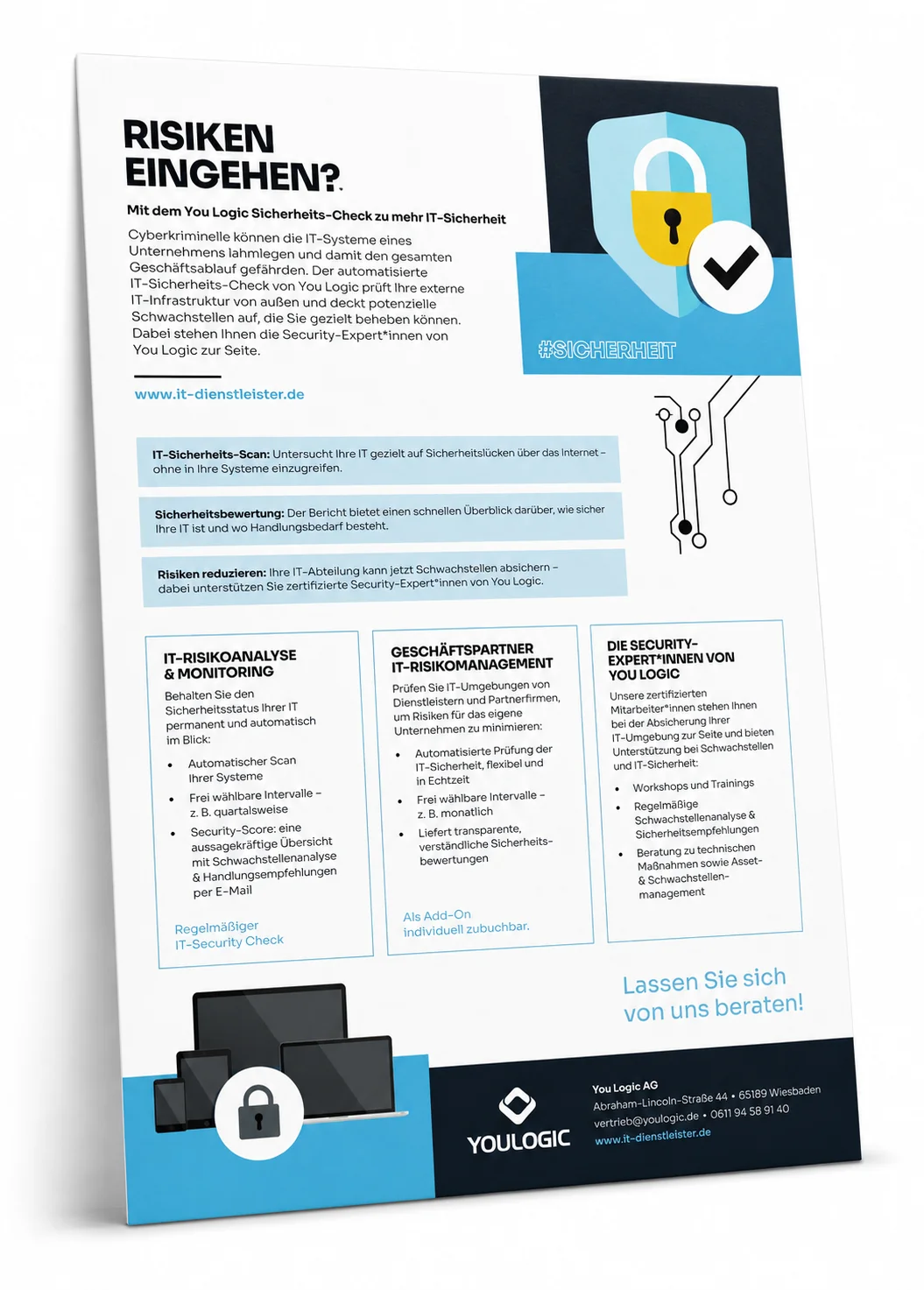 Plakat der You Logic AG: „Risiken eingehen? — Mit dem You Logic Sicherheits-Check zu mehr IT-Sicherheit“
