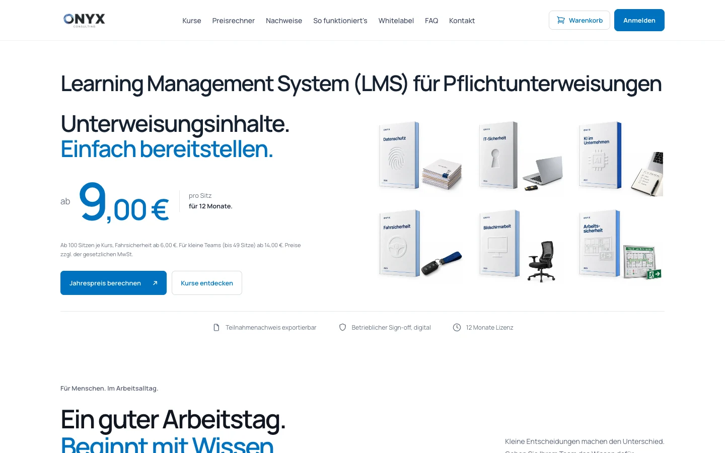 Startseite von Onyx LMS mit Unterweisungsinhalten und Preisrechner